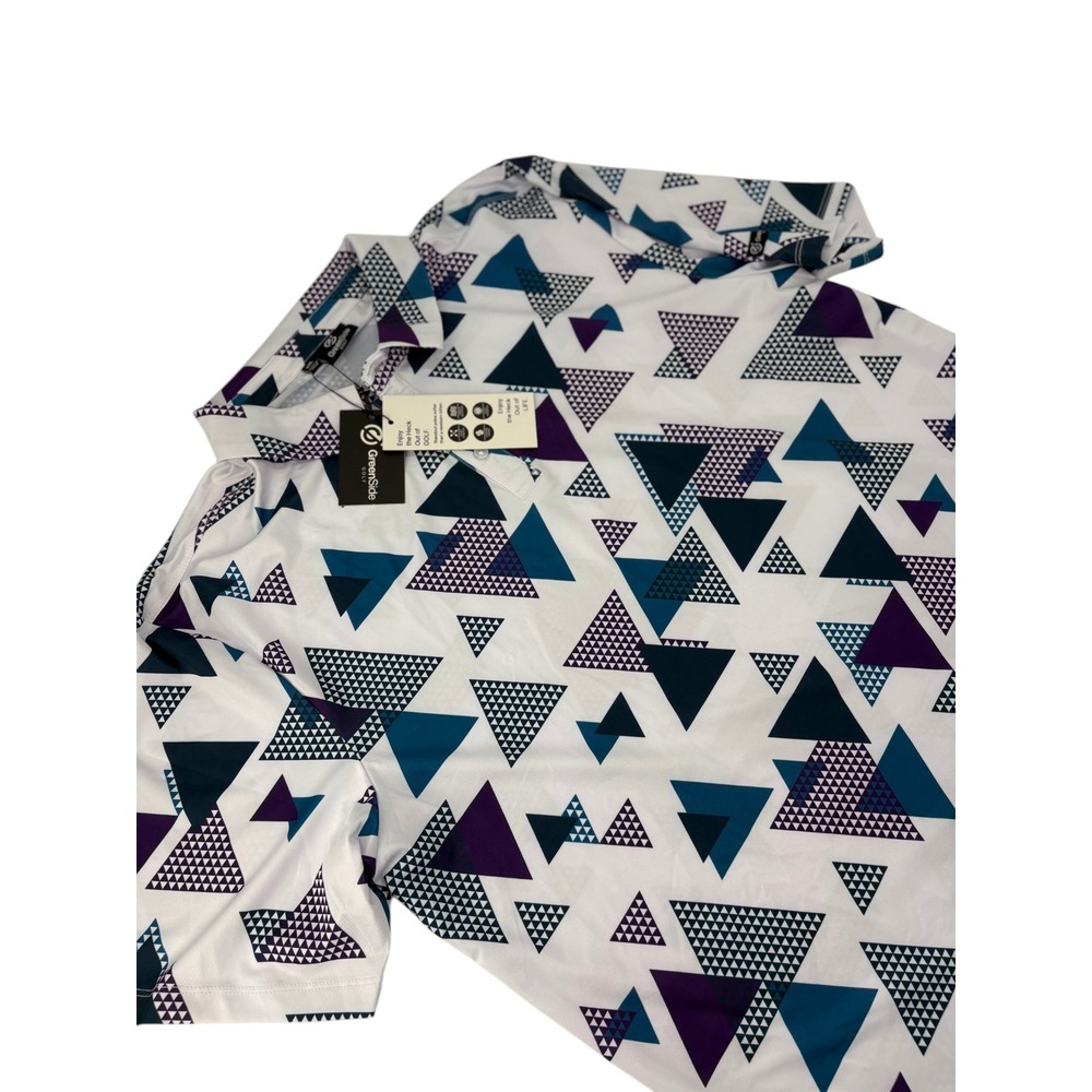 GreenSide Golf Polo Mens XXL Shirt‎ White Purple Teal Geometric Triangle Print